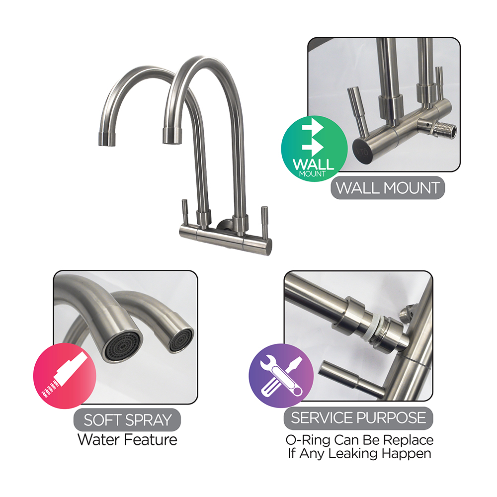 Kitchen Mixer|EGO Stainless Steel Double Sink Cold Tap|Wall mount