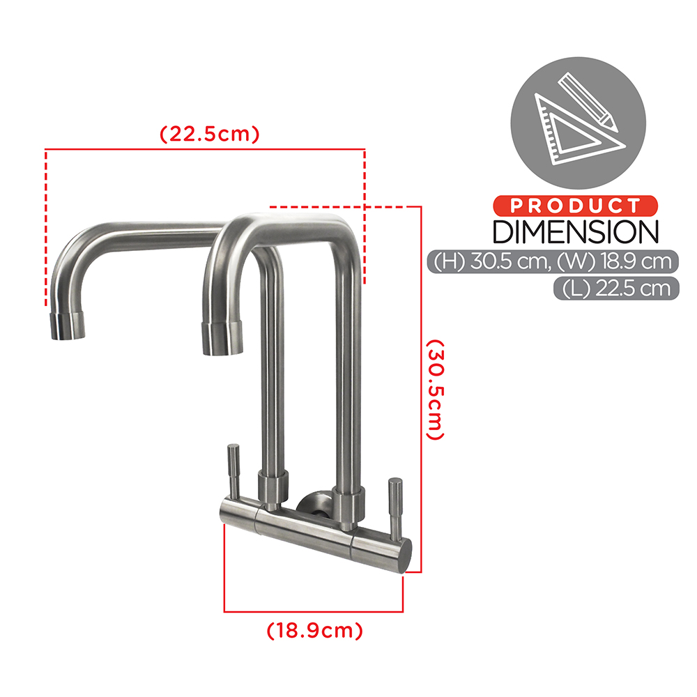 Kitchen Cold Tap|EGO Stainless Steel Double Sink Cold Tap|Wall mount