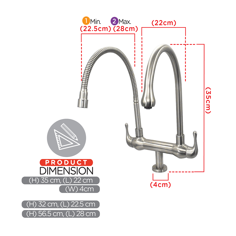 Kitchen Cold Tap|JAZZ Stainless Steel Sink Cold Tap|Double sink cold tap|Top mount